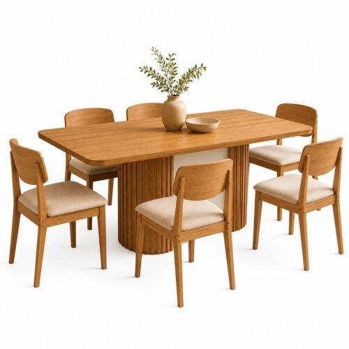 Alternative view of Mesa Pilar 180 Canto Copo (S/Vidro) Naturale/Off White/Naturale com 6 Cadeiras Havana Veludo Creme – RUFATO