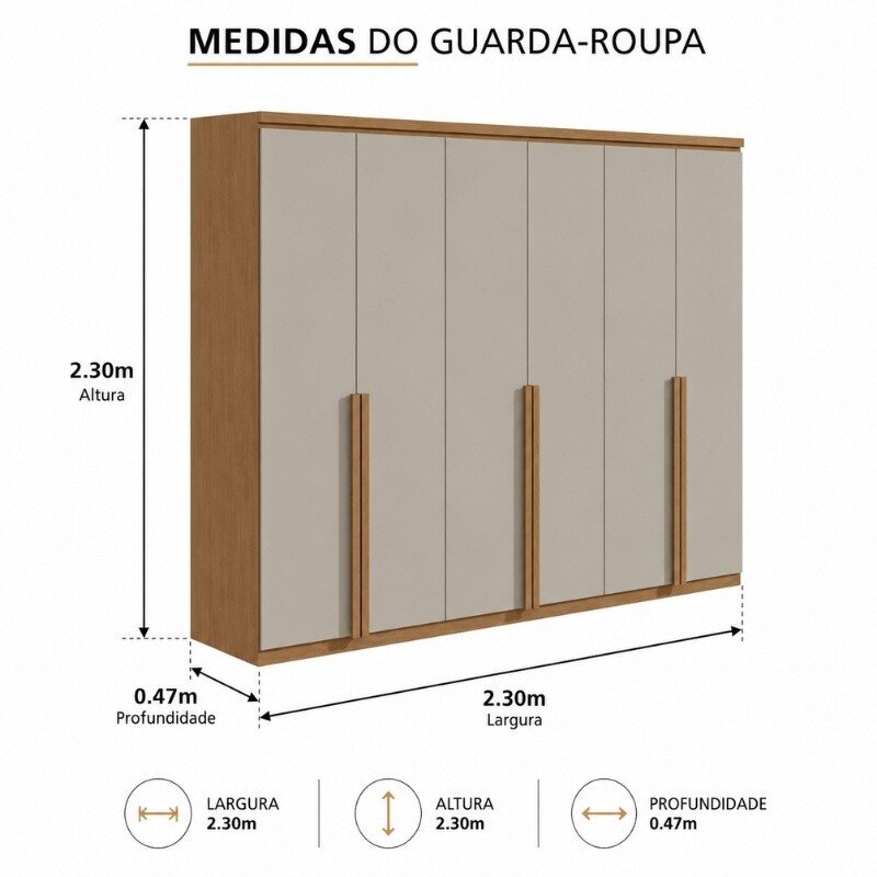 Guarda-roupa Alonzo 2.30m Amêndoa/Off 6 Portas 2 Gavetas - Lopas - Imagem 6