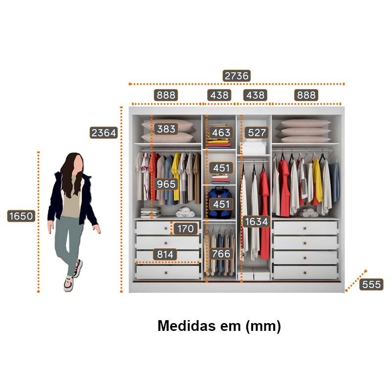 Guarda-roupa Casal Sollo Plus Branco 3 Portas 8 Gavetas C/ 1 Espelho 100% MDF Larg. 2.73m - Novo Horizonte - Imagem 3
