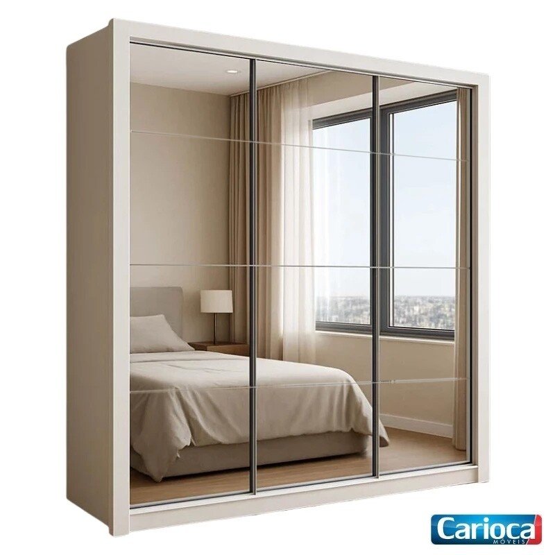 Guarda-roupa Casal Veneza Premium Larg. 1.88m 3 Portas C/ 3 Espelho 4 Gavetas Branco Carioca