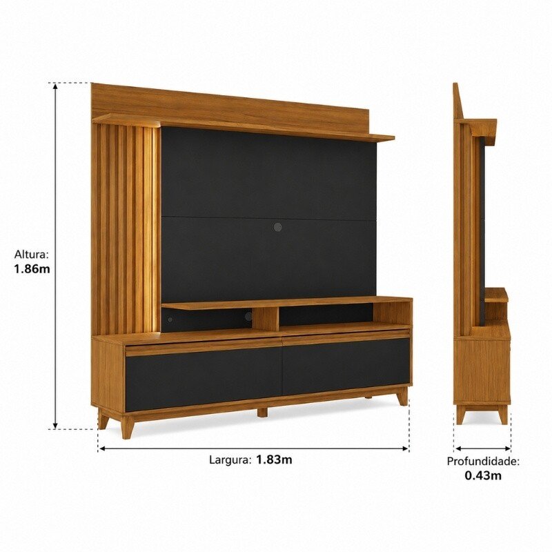 Home NT 1400 Freijó/Preto C/Detalhe Ripado e LED para TV's até 60 Polegadas Larg. 1.83m - Notável - Imagem 7