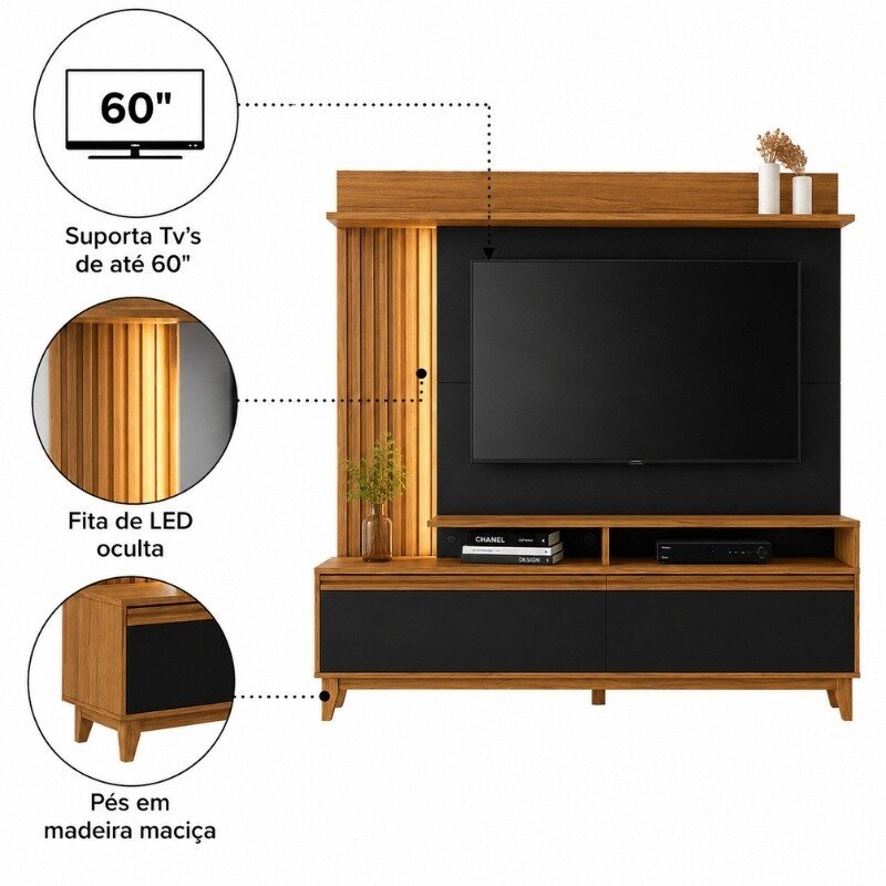 Home NT 1400 Freijó/Preto C/Detalhe Ripado e LED para TV's até 60 Polegadas Larg. 1.83m - Notável - Imagem 8