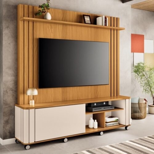 Home Theater Trinus Larg. 1.80m Cinamomo/Off para TV's de até 70 Polegadas - HB Móveis