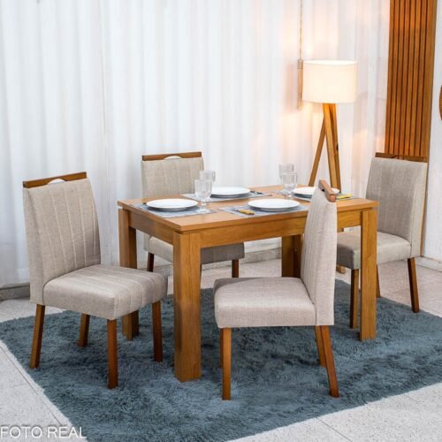 Mesa Athenas 120x80 Amêndoa Clean Tampo Maciço - Móveis Lopas + 4 Cad. Isabela Linho Bege Madeira Maciça Entregue Montada - KM Decor
