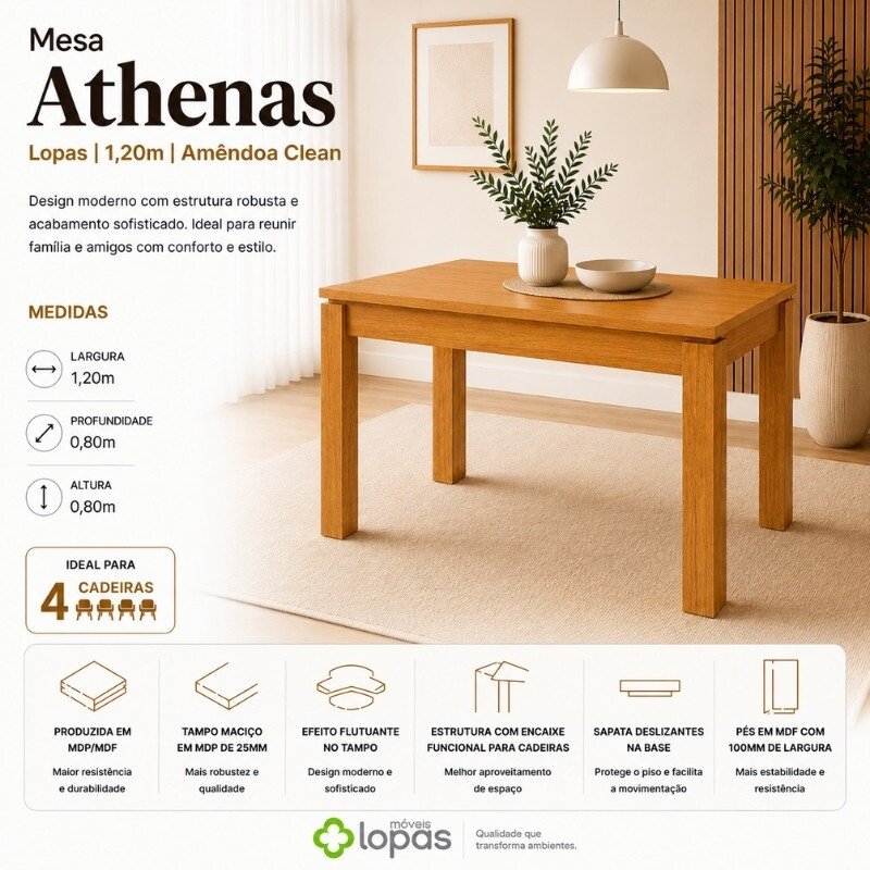 Mesa Athenas 120x80 Amêndoa Clean Tampo Maciço - Móveis Lopas + 4 Cad. Cantiga Boucle Bege Madeira Maciça - Bechara - Imagem 13