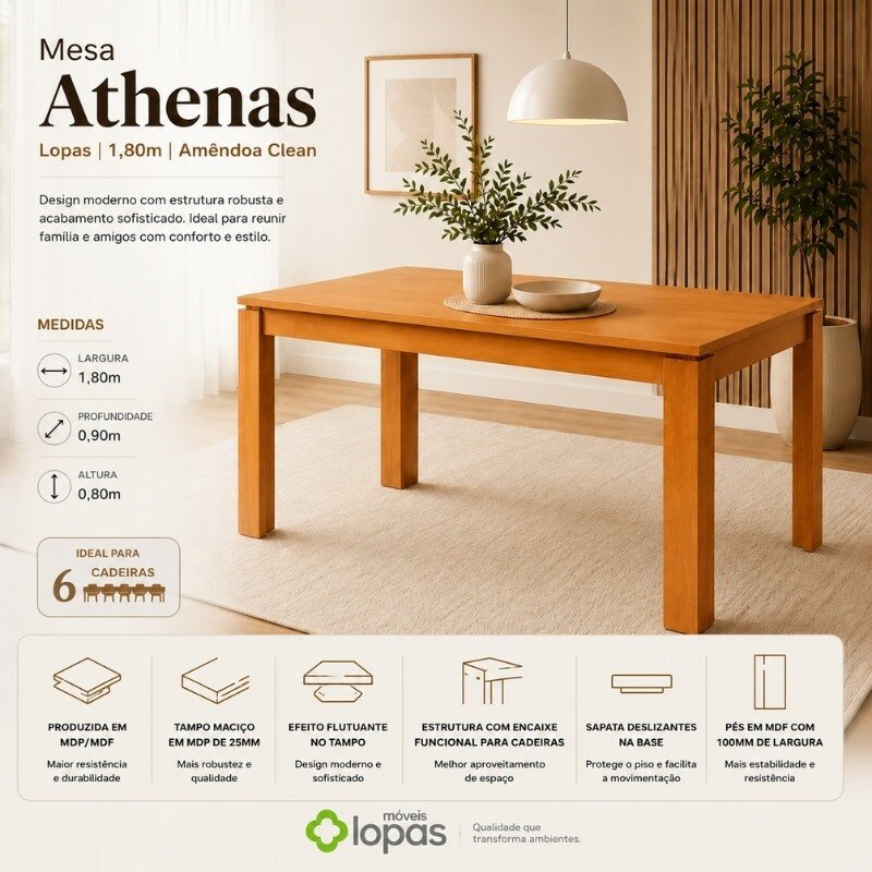 Mesa Athenas 180x90 Amêndoa Clean Tampo Maciço - Móveis Lopas - Imagem 4