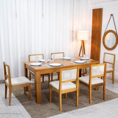 Mesa Athenas 180x90 Amêndoa Clean Tampo Maciço - Móveis Lopas + 6 Cad. Cantiga Boucle Bege Madeira Maciça - Bechara