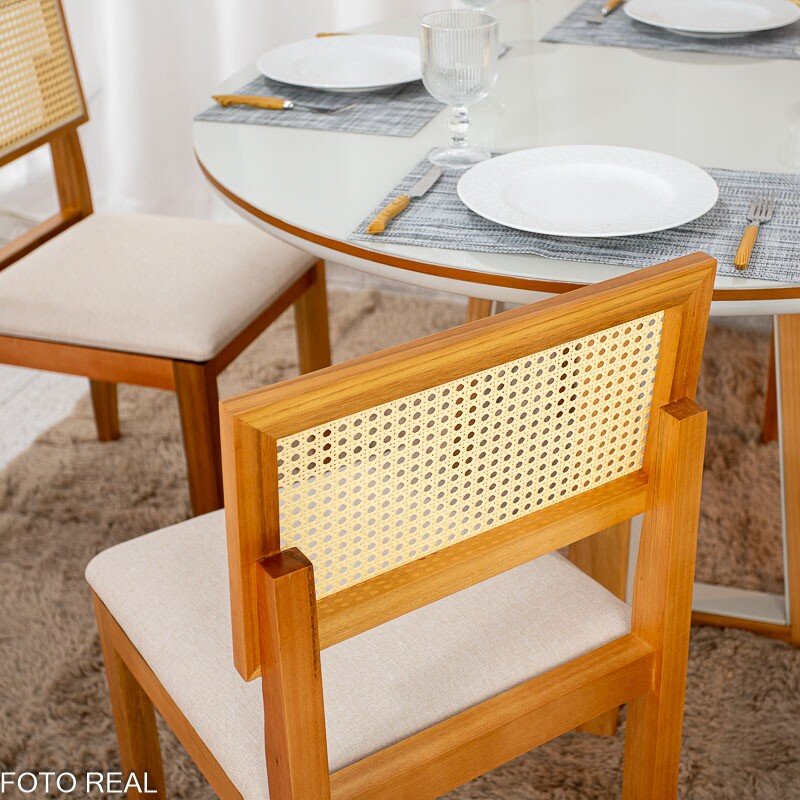 Mesa de Jantar Atlanta Redonda 120cm Vidro Off/Base Madeira + 4 Cad. Santorini Linho Bege Madeira Minas Plac - Entregue Montada - Imagem 6