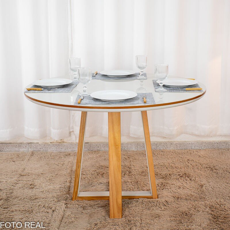 Mesa de Jantar Atlanta Redonda 120cm Vidro Off/Base Madeira + 4 Cad. Santorini Linho Bege Madeira Minas Plac - Entregue Montada - Imagem 7