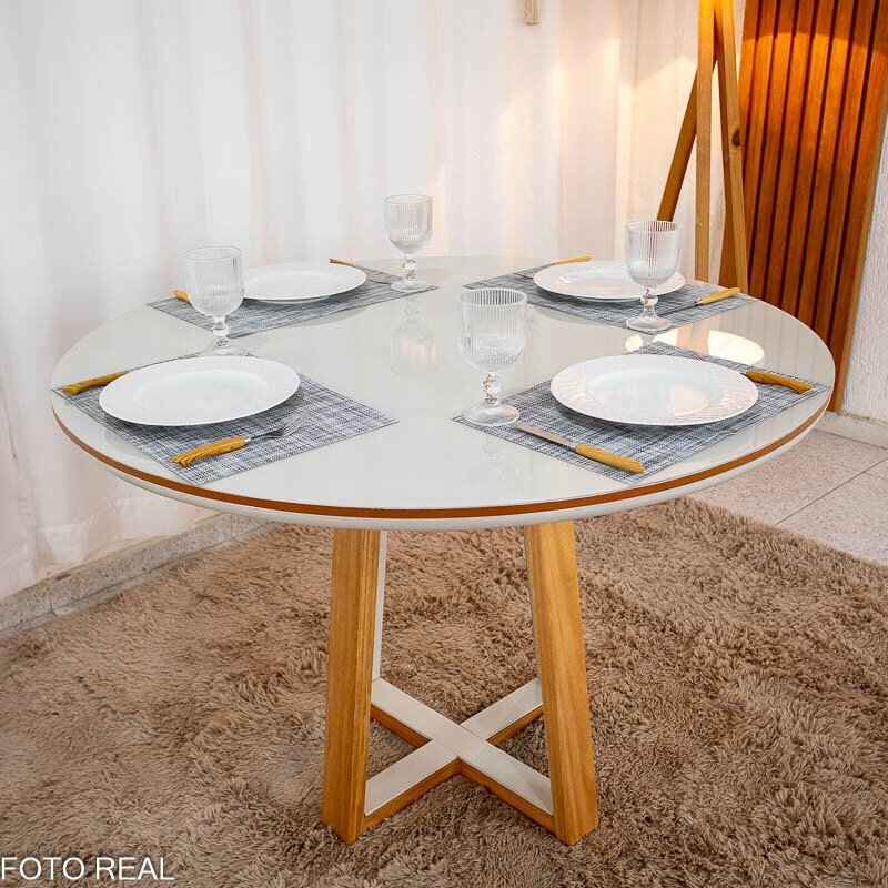 Mesa de Jantar Atlanta Redonda 120cm Vidro Off/Base Madeira + 4 Cad. Santorini Linho Bege Madeira Minas Plac - Entregue Montada - Imagem 8