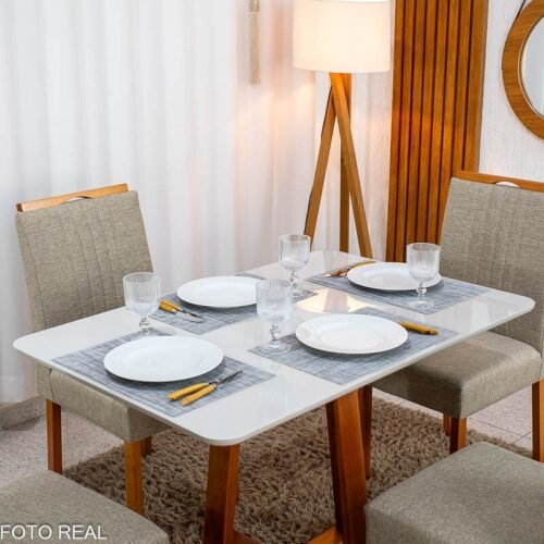 Alternative view of Mesa de Jantar Bali 120×80 Vidro Off/Base Madeira + 4 Cad. Atlanta Linho Bege Cru Madeira Minas Plac - Entregue Montada