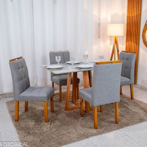 Mesa de Jantar Bali 120×80 Vidro Off/Base Madeira + 4 Cad. Londres Linho Cinza Madeira Minas Plac - Entregue Montada