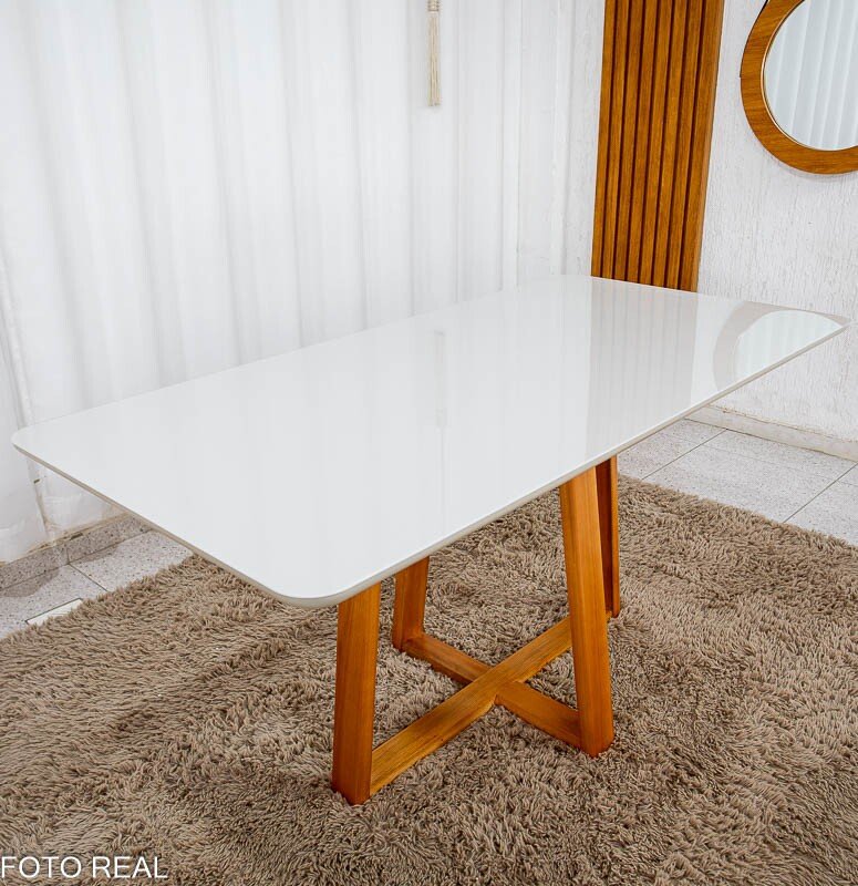 Mesa de Jantar Bali 160x80 Vidro Off/Base Madeira Minas Plac - Entregue Montada - Imagem 2