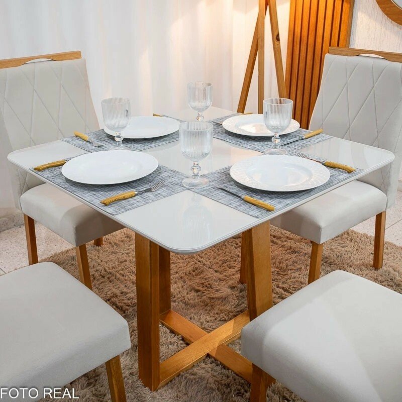 Mesa de Jantar Bali 90x90 Vidro Off/Base Madeira - Minas Plac + 4 Cad. Lisboa Veludo Bege 512 Madeira Art Assento - Entregue Montada - Imagem 2
