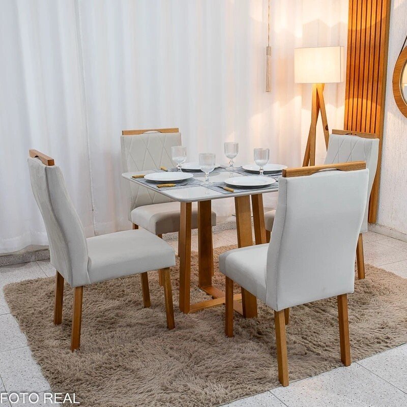Mesa de Jantar Bali 90x90 Vidro Off/Base Madeira - Minas Plac + 4 Cad. Lisboa Veludo Bege 512 Madeira Art Assento - Entregue Montada - Imagem 3
