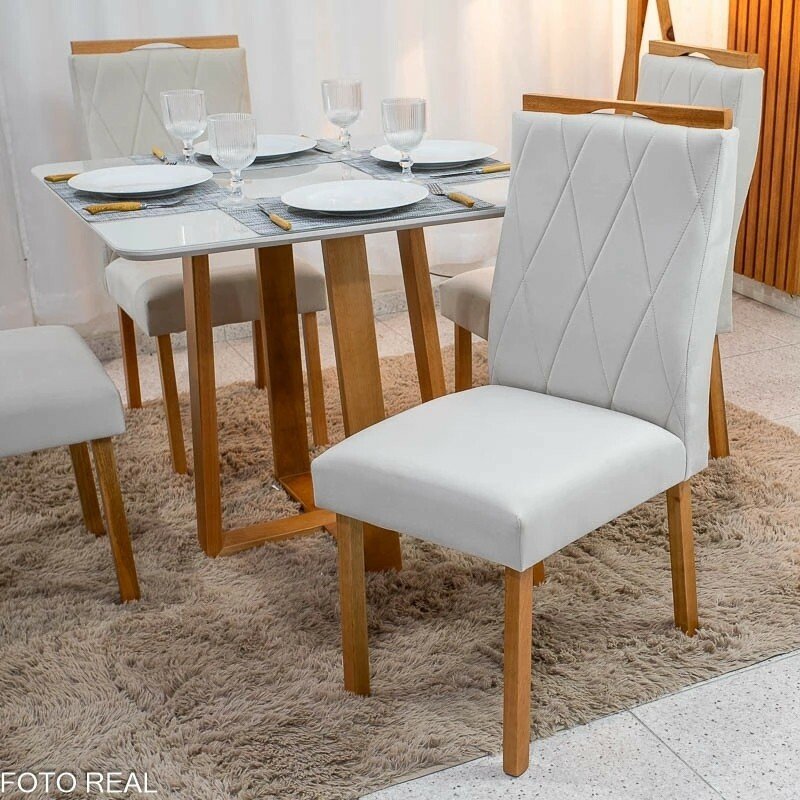 Mesa de Jantar Bali 90x90 Vidro Off/Base Madeira - Minas Plac + 4 Cad. Lisboa Veludo Bege 512 Madeira Art Assento - Entregue Montada - Imagem 4
