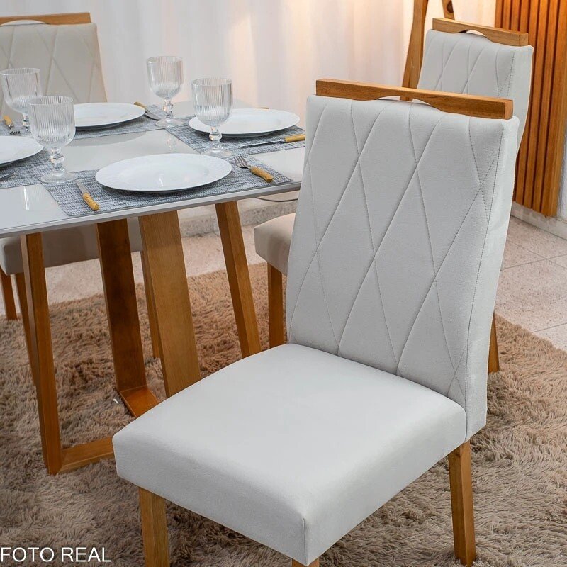 Mesa de Jantar Bali 90x90 Vidro Off/Base Madeira - Minas Plac + 4 Cad. Lisboa Veludo Bege 512 Madeira Art Assento - Entregue Montada - Imagem 5