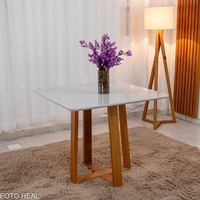 Mesa de Jantar Bali 90x90 Vidro Off/Base Madeira - Minas Plac + 4 Cad. Lisboa Veludo Bege 512 Madeira Art Assento - Entregue Montada - Imagem 7
