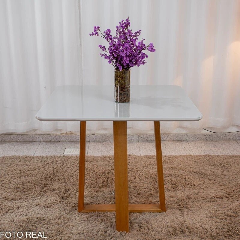 Mesa de Jantar Bali 90x90 Vidro Off/Base Madeira - Minas Plac + 4 Cad. Lisboa Veludo Marrom 509 Madeira Art Assento - Entregue Montada - Imagem 9