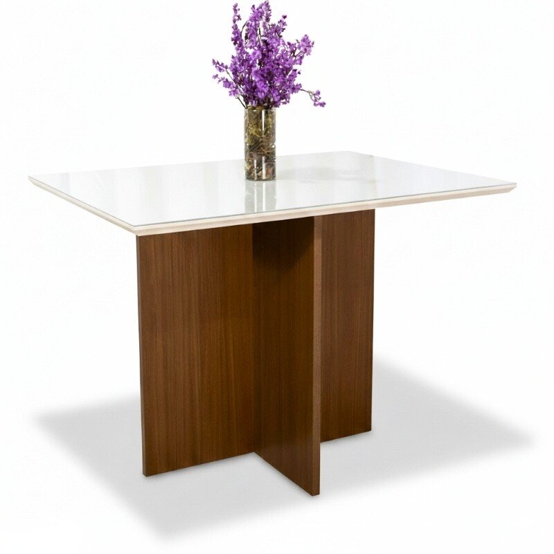 Mesa de Jantar Helo 120×90 Vidro Off/Base Mel - Poliman