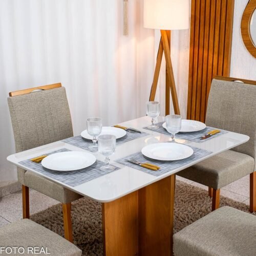 Alternative view of Mesa de Jantar Moscou 120x80 Cinamomo/Vidro Off + 4 Cad. Atlanta Linho Bege Madeira Maciça Minas Plac - Entregue Montada