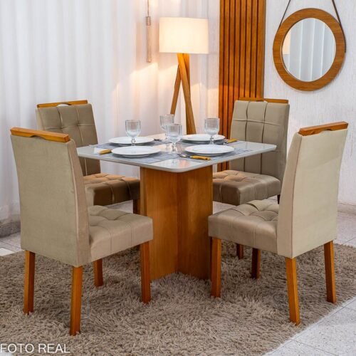 Mesa de Jantar Moscou 90x90 Vidro Off/Base Cinamomo + 4 Cad. Londres Veludo Avelã Madeira Minas Plac - Entregue Montada