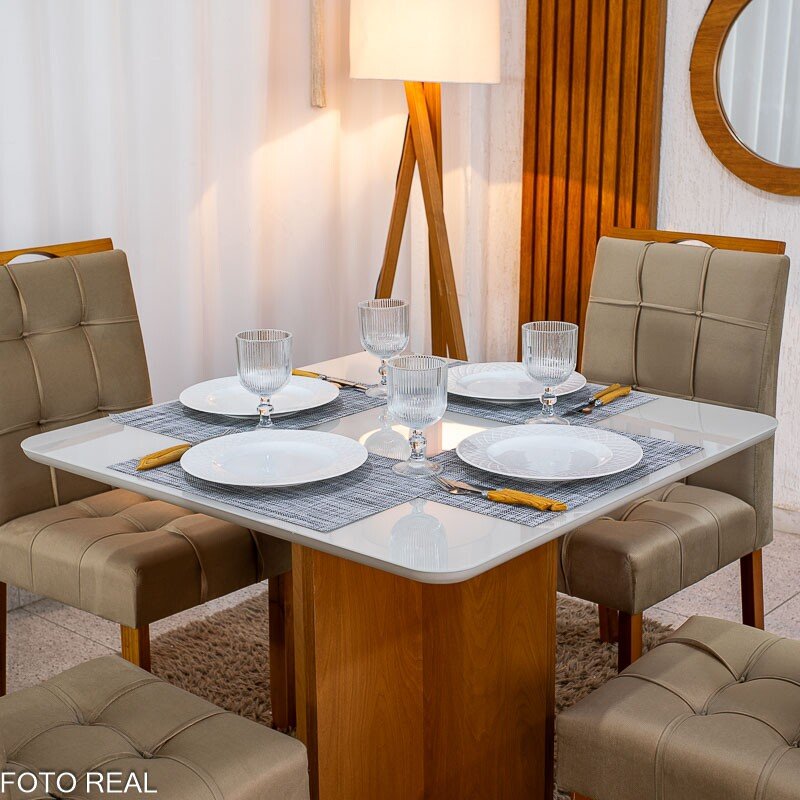 Mesa de Jantar Moscou 90x90 Vidro Off/Base Cinamomo + 4 Cad. Londres Veludo Avelã Madeira Minas Plac - Entregue Montada - Imagem 2