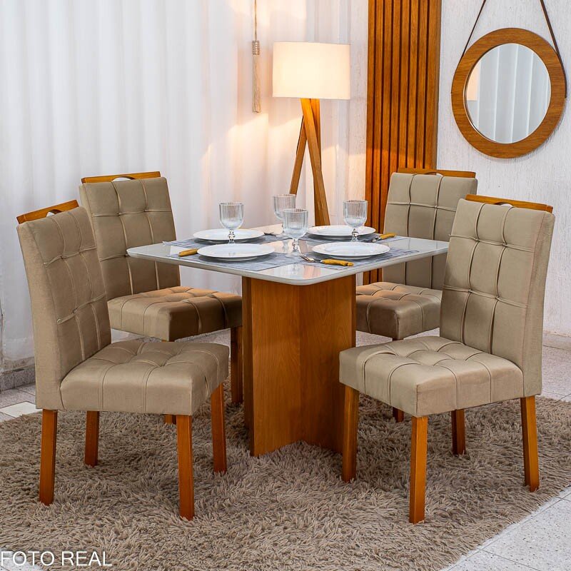Mesa de Jantar Moscou 90x90 Vidro Off/Base Cinamomo + 4 Cad. Londres Veludo Avelã Madeira Minas Plac - Entregue Montada - Imagem 3