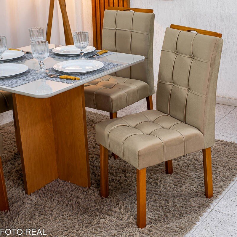 Mesa de Jantar Moscou 90x90 Vidro Off/Base Cinamomo + 4 Cad. Londres Veludo Avelã Madeira Minas Plac - Entregue Montada - Imagem 4