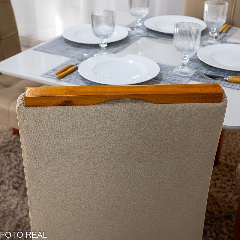 Mesa de Jantar Moscou 90x90 Vidro Off/Base Cinamomo + 4 Cad. Londres Veludo Avelã Madeira Minas Plac - Entregue Montada - Imagem 5