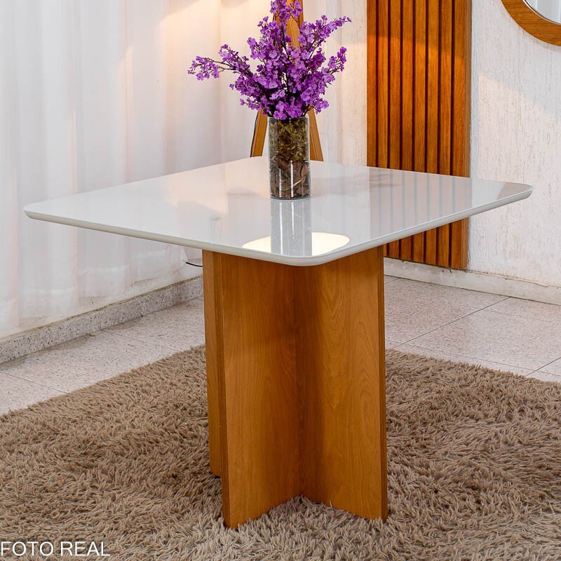 Mesa de Jantar Moscou 90x90 Vidro Off/Base Cinamomo + 4 Cad. Londres Veludo Avelã Madeira Minas Plac - Entregue Montada - Imagem 6