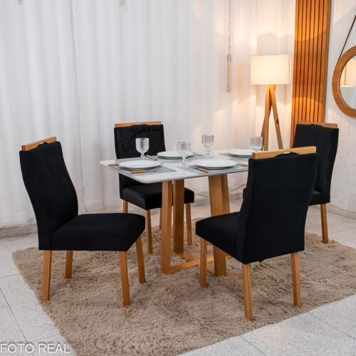 Mesa de Jantar Pedro 120×80 Vidro Off/Base Madeira + 4 Cad. Lisboa Veludo Preto 504 Madeira Art Assento - Entregue Montada
