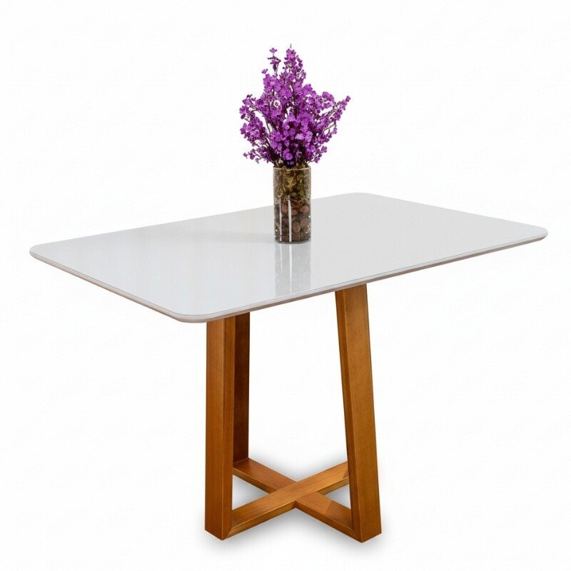 Mesa de Jantar Pedro 120x80 Vidro Off/Base Madeira Art Assento - Entregue Montada
