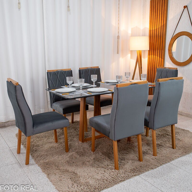 Mesa de Jantar Pedro 160×80 Vidro Grafite/Base Madeira + 6 Cad. Lisboa Veludo Cinza 507 Madeira Art Assento - Entregue Montada - Imagem 3