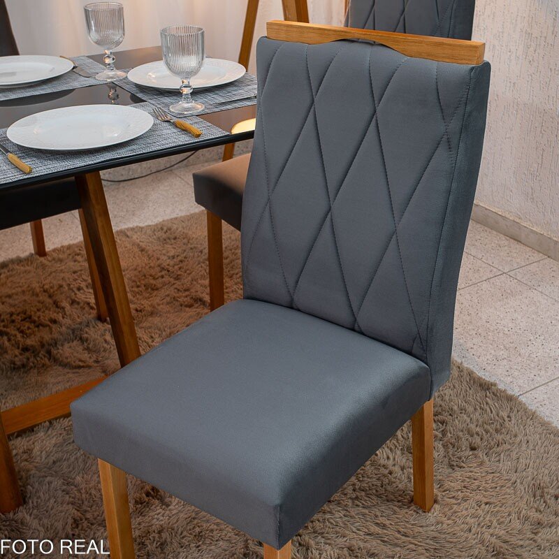 Mesa de Jantar Pedro 160×80 Vidro Grafite/Base Madeira + 6 Cad. Lisboa Veludo Cinza 507 Madeira Art Assento - Entregue Montada - Imagem 7