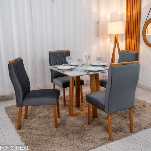 Mesa de Jantar Pedro 90×90 Vidro Off/Base Madeira + 4 Cad. Lisboa Veludo Cinza 507 Madeira Art Assento - Entregue Montada