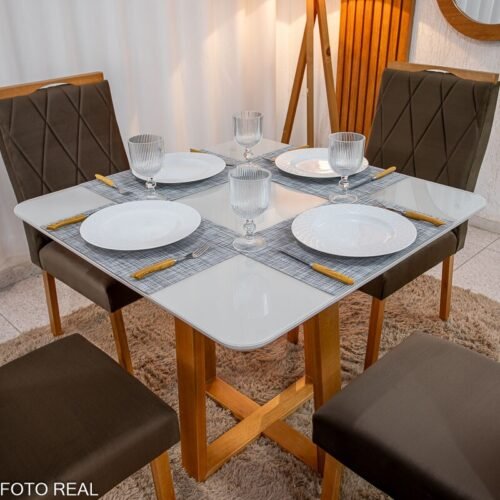 Alternative view of Mesa de Jantar Pedro 90x90 Vidro Off/Base Madeira + 4 Cad. Lisboa Veludo Marrom 509 Madeira Art Assento - Entregue Montada