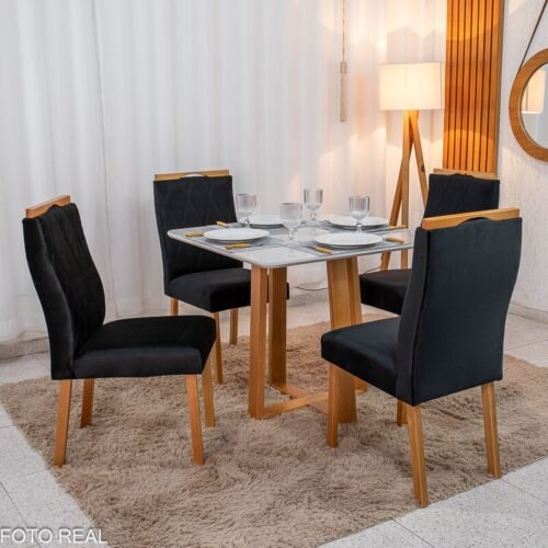 Mesa de Jantar Pedro 90x90 Vidro Off/Base Madeira + 4 Cad. Lisboa Veludo Preto 504 Madeira Art Assento - Entregue Montada