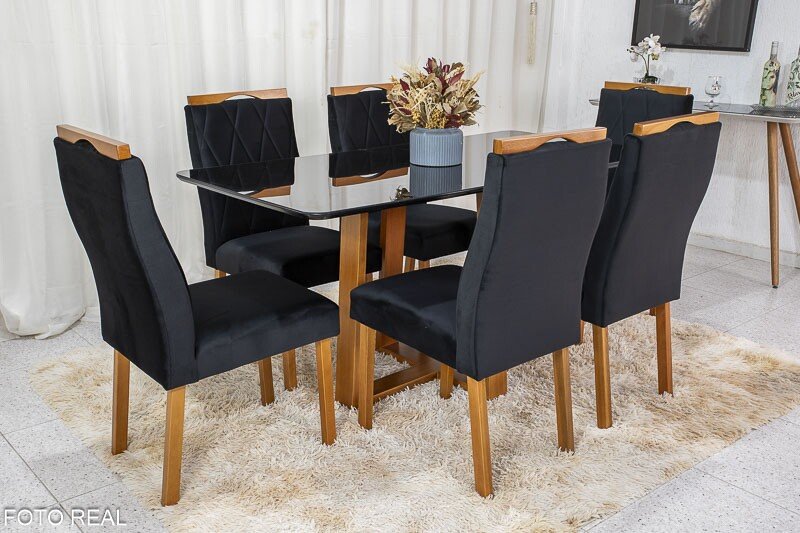Mesa de Jantar Pedro Mel Vidro Preto 160×80 6 Cadeiras Lisboa Veludo Preto 504 Madeira Maciça Art Assento - Entregue Montada - Imagem 3