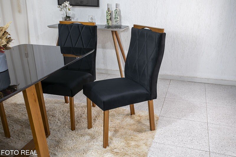 Mesa de Jantar Pedro Mel Vidro Preto 160×80 6 Cadeiras Lisboa Veludo Preto 504 Madeira Maciça Art Assento - Entregue Montada - Imagem 4
