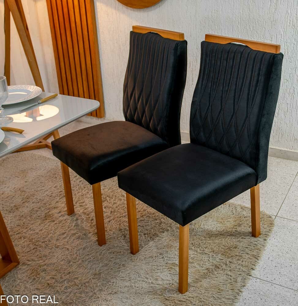 Mesa de Jantar Pedro 120×80 Vidro Off/Base Madeira + 4 Cad. Gênova Veludo Preto 504 Madeira Art Assento - Entregue Montada - Imagem 4