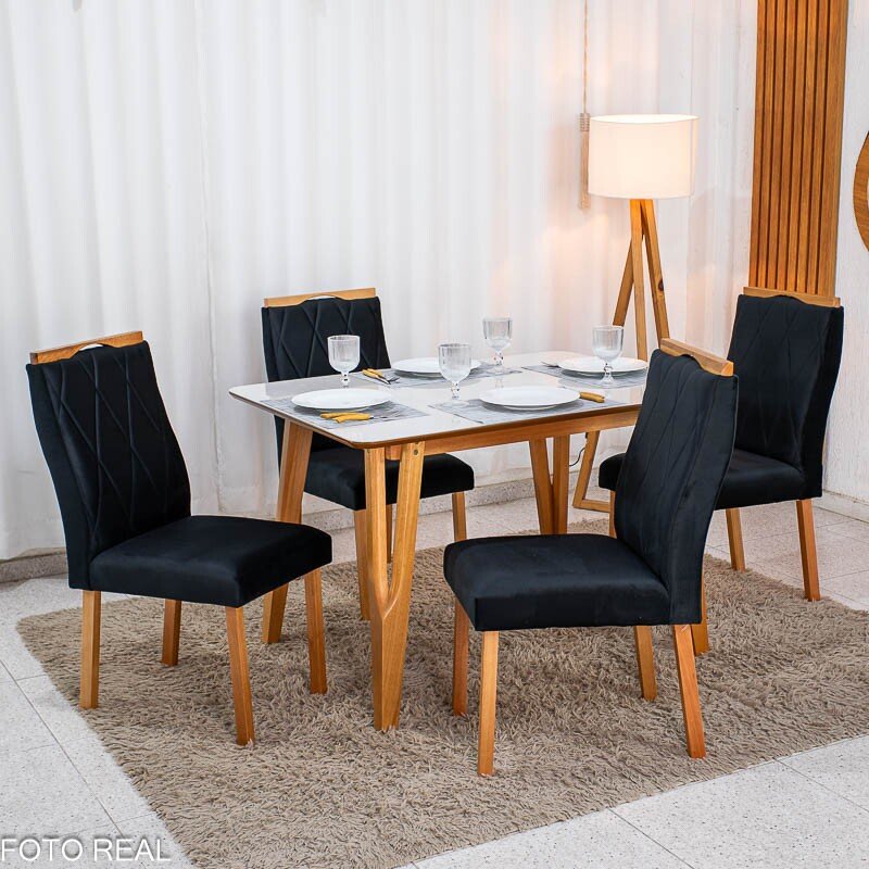Mesa de Jantar Siena 120x90 Vidro Off/Base Madeira + 4 Cad. Lisboa Veludo Preto 504 Madeira Entregue Montada - Art Assento