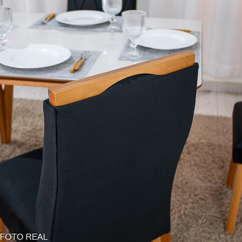 Mesa de Jantar Siena 120x90 Vidro Off/Base Madeira + 4 Cad. Lisboa Veludo Preto 504 Madeira Entregue Montada - Art Assento - Imagem 5