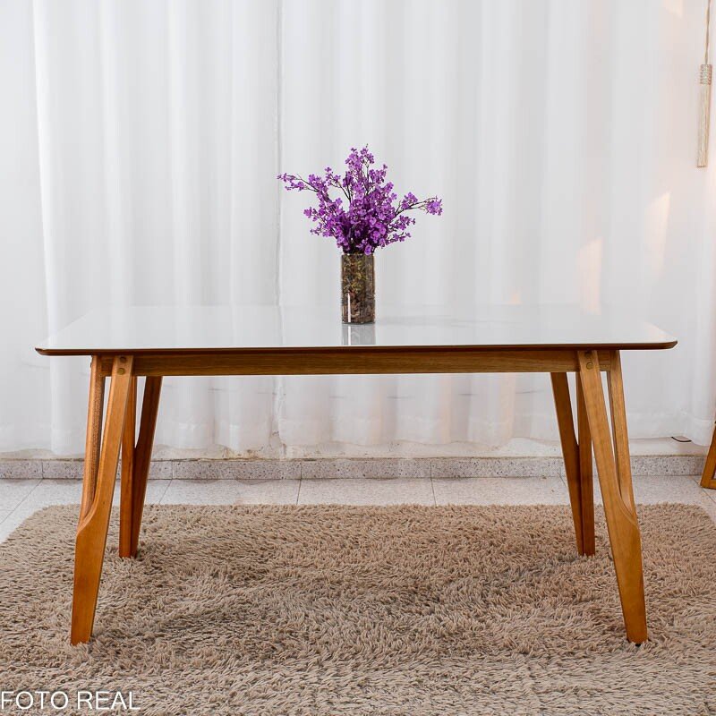 Mesa de Jantar Siena 160x90 Vidro Off/Base Madeira + 6 Cad. Lisboa Veludo Bege 512 Madeira Art Assento - Entregue Montada - Imagem 8