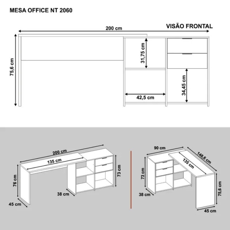Mesa Office NT 2060 Larg. 2.00m Freijó 2 Gavetas Notável - Imagem 10