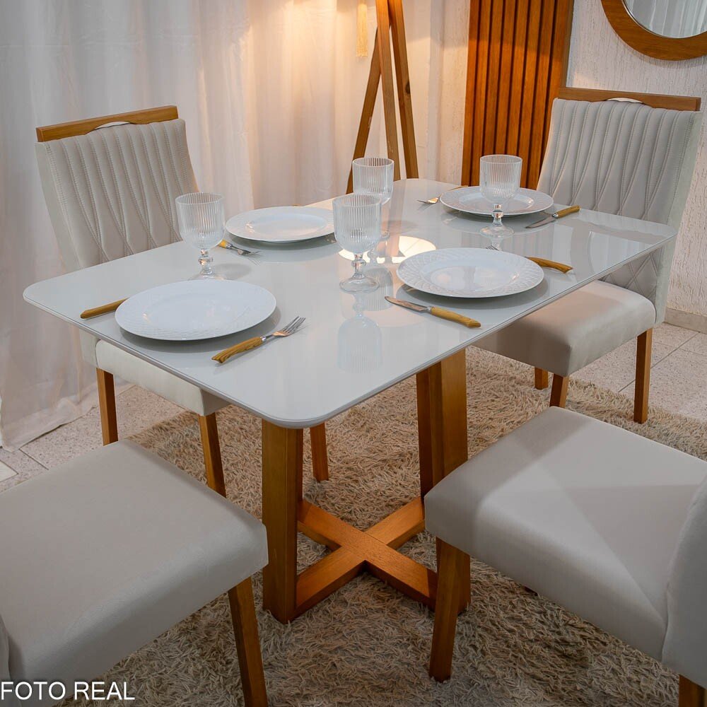 Mesa Pedro 120×80 Vidro Off/Base Madeira + 4 Cad. Gênova Veludo Bege 512 Madeira Art Assento - Entregue Montada - Imagem 2