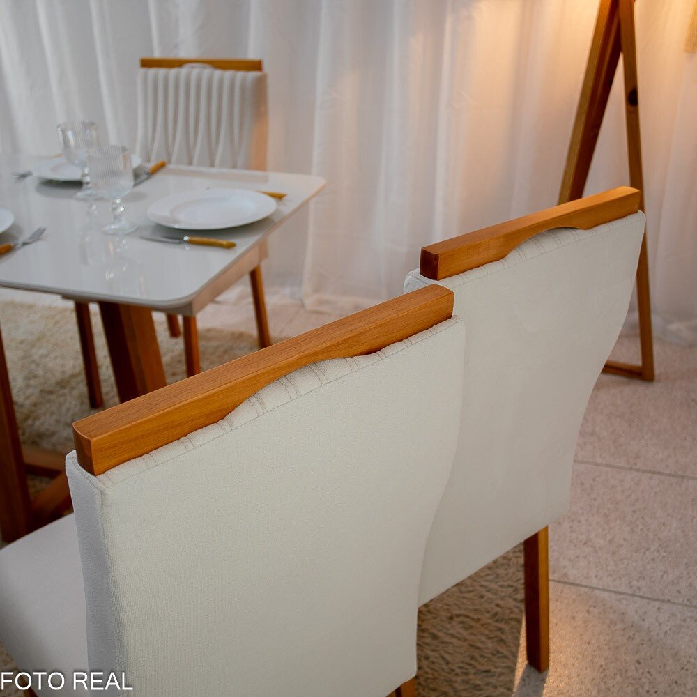 Mesa Pedro 120×80 Vidro Off/Base Madeira + 4 Cad. Gênova Veludo Bege 512 Madeira Art Assento - Entregue Montada - Imagem 5