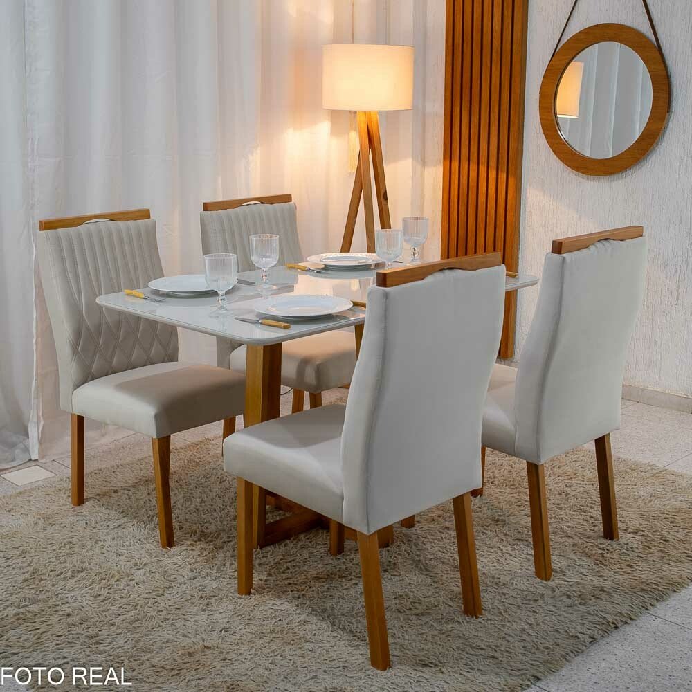 Mesa Pedro 120×80 Vidro Off/Base Madeira + 4 Cad. Gênova Veludo Bege 512 Madeira Art Assento - Entregue Montada - Imagem 3