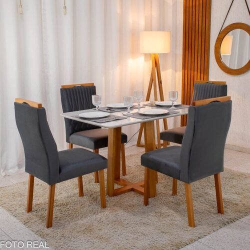 Alternative view of Mesa de Jantar Pedro 120×80 Vidro Off/Base Madeira + 4 Cad. Gênova Veludo Cinza 507 Madeira Art Assento - Entregue Montada