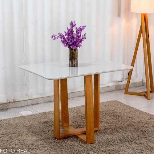 Mesa Tóquio 100x80 Vidro Off/Base Madeira Maciça